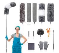 12pcs Microfiber Dusters, Duster with Extension Pole(Stainless Steel) 30 to 100'', Washable Dusters, Bendable Extendable Long Feather Duster for Cleaning Fan, High Ceiling, Blinds, Furniture, Cars