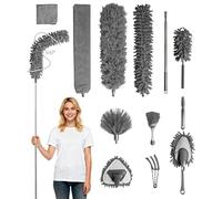12Pcs Microfiber Extendable Dusters for Cleaning: 30''-120'' Long Pole Cleaning Tools Gap Brush Feather Flat Dusters for Cleaning Under Appliances Blind Cobweb Spider Web High Ceiling Fan Car Grey