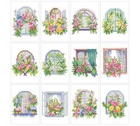12pcs Mini Flower Diamond Painting Kit for Adults,Small 5D Window Diamond Art Kits for Beginner,Gem Art,Crystal Kits Round Drill for Home Wall Decor Gifts，Women, Men (WindowFlower-01)