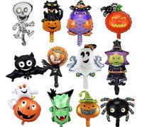 12PCS Mini Foil Halloween Decorations - Helium Balloons with Pumpkin, Witch, Skeleton, Ghost, Bat for Kids Party Decor