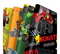 12Pcs Monster Truck Wrapping Paper Sheets, 69x50cm Black Orange Yellow Green Off Road Car Gift Wrapping Paper,Recyclable Monster Truck Wrapper for Boys Kids Birthday Party Gift Wrap Boxes Decoration