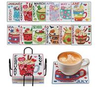 12Pcs Monthly Themed DIY Diamond Art Coasters Kit - Full Drill 5D Diamond Art Painting Coasters for Adults, 12-Month Life Theme with Cork Pad & Holder, Unique Home Décor Craft Set