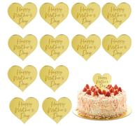 12Pcs Mothers Day Cupcake Toppers, Gold Mirror Acrylic Heart Cake Engraved Decorations for Mother's Day