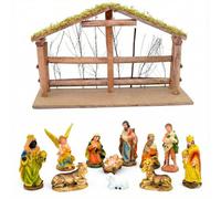 12pcs Nativity Scene Set and Handmade Wooden Stable Large - Christmas Crib Manger Jesus Birth Hand Painted Resin Figurine Sculpture, Traditional Xmas Home Decorations