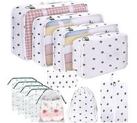 12Pcs Packing Travel Cubes for Suitcase Luggage Organizers with 5 Drawstring Bags,Suitcase Organiser Bag with Waterproof Shoe Storage Bag Compression Pouches White