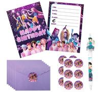 12Pcs Party Invitations+ 1Pcs Kawaii Gel Pen, Kids Birthday Party Invitations with Envelopes Stickers, Double Sided Singger Invite Cards+Pens Set for Birthday Baby Shower School Supplies