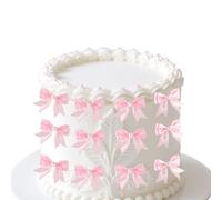 12pcs Pink Bow Cupcake Toppers, Coquette Double-Layered Ribbon Bowknot Cake Decorations with Pearl Cute Birthday Wedding Bridal Shower Baby Shower Party Supplies