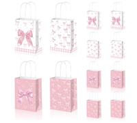 12pcs Pink Bow Paper Gift Bags, Medium Size Pink Party Bags with Handles, Thickened DIY Paper Gift Bag for Presents, 8.3x6.3x3.1 inch