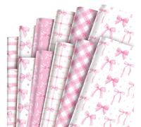 12Pcs Pink Bow Wrapping Paper Roll, Ribbon Bow Birthday Wrapping Paper, Gingham Bow-knot Coquette Gift Wrap Paper for Baby Shower, Birthday, Wedding, Easter, Bridal Shower, Valentine's Day