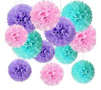 12pcs Pink Purple and Blue Tissue Paper Pompoms,Pastel Teal Pink and Purple Hanging Paper Pom Poms for Girls Baby Shower Ocean Theme Under The Sea Birthday Party Decorations