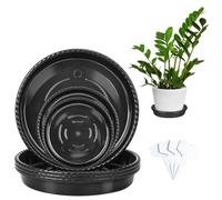 12Pcs Plant Pot Saucers with Label, Black Plant Saucer Waterproof Plant Tray , Deepened Flower Pot Drip Tray with Raised Dots Anti Root Rot for Indoor Outdoor Garden Plants (13 cm/15cm/23cm)