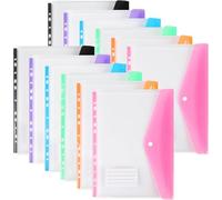 12PCS Plastic Wallets A4 Punched Pockets, 11 Holes Expandable Binder Folders for 2/3/4 Ring Document Pouch with Snap Button & Label Loose-Leaf Transparent for Office School Home (Side Open)