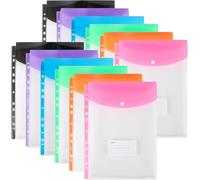 12PCS Plastic Wallets A4 Punched Pockets, 11 Holes Expandable Binder Folders for 2/3/4 Ring Document Pouch with Snap Button & Label Loose-Leaf Transparent for Office School Home (Top Open)