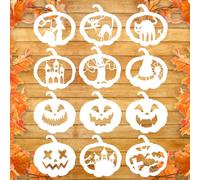 12pcs Pumpkin Carving Stencils, 7.87x7.87in Washable Flexible Halloween Drawing Stencils on Wood 12 Styles Halloween Templates for Pumpkin Face Carving Clothing Making Wall Painting (Style A)
