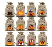 12Pcs Pumpkin Ghost Halloween Linen Drawstring Bags Creative Handheld Portable Candy Packaging Bags Party Prop