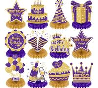 12Pcs Purple Gold Birthday Decorations Honeycomb Centerpieces for Women Girls, Purple Gold Happy Birthday Table Centerpieces for 30th 40th 50th 60th Birthday Table Topper Sign Decor Party Supplies