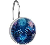 12Pcs Raccoons Moon Night Sky Shower Curtain Hooks Rustproof Stainless Steel Decorative Shower Rings Hanger for Bathroom, Baby Room, Bedroom, Living Room