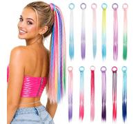 12PCS Rainbow Mix Braided Hair Tie Extensions - Colourful Ombre Ponytail Hair Bands with Long Soft Braids for Festival Hairstyles, Selfies, Party Looks & Creative Everyday Styling