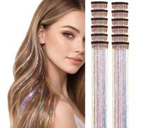 12PCS Rainbow Tinsel Hair Extensions - Clip-In Glitter Strands & Heat Resistant Synthetic Highlights for Girls & Women - Multicolour Festival Hair Accessories for Braids - Plaits & Wavy Looks