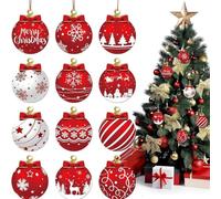 12Pcs Red and White Christmas Ball Design Hanging Wooden Ornaments Set Festive Winter Holiday Tree Decorations with Merry Christmas Snowflakes Reindeer Santa Designs Christmas Tree Ornaments Set DIY