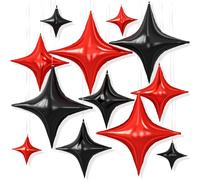 12PCS Red Black Star Balloons, 26/18/10 Inch Four Point Star Foil Balloons | Metallic Black and Red Four Point Foil Stars for Birthday Baby Shower Graduation Wedding Engagement Anniversary Party Decor