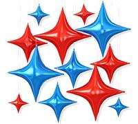 12PCS Red Blue Star Balloons, 26/18/10 Inch Four Point Star Foil Balloons | Metallic Blue and Red Four Point Foil Stars for Birthday Baby Shower Graduation Wedding Engagement Anniversary Party Decor