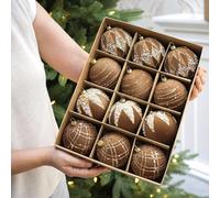 12pcs Red Velvet Foam Christmas Baubles, Assorted Glitter and Pearl Styles, Shatterproof 8cm Hanging Ornaments for Holiday Tree Decoration(8cm Light Curry)