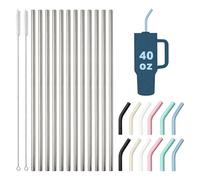12Pcs Reusable Stainless Steel Straw Set with 12 Silicone Tips & 2 Cleaning Brushes, Fit 30oz/40oz Stanley Tumbler, Washable Eco-Friendly Straight Drinking Straws for Juice Tea Cocktail