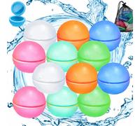 12Pcs Reusable Water Balloons, Water Bombs, Set of 12 Silicone Splash Balls with Secure Snap Lock, Outdoor Garden Play Water Toys for Summer Fun, Multi-Colour Pack with Storage Mesh Bag