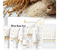 12Pcs Rice Raw Pulp Skin Care Sets & Kits, Rice Skin Care Set With Rice Toner, Face Sunscreen Spf 50, Serum, Lotion, Face Cream, Cleanser And Rice Sleep Mask, Travel Skincare Set For Hydrating Glowing