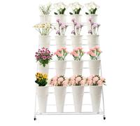 12PCS Rolling Flower Display Stand, 4-Tier Iron Plant Shelf for Indoor/Outdoor, Versatile Flower Rack with Round Buckets, Ideal for Home & Garden Decoration
