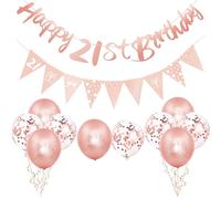 12Pcs Rose Gold Happy 21st Birthday Decorations Set for Her,Women 21st Birthday Balloons Rose Gold Birthday Number 21 Banner Triangle Flag Banner for Women Girls Birthday Party Decorations Supplies