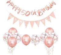 12Pcs Rose Gold Happy 50th Decorations Set, Women's 50th Birthday Balloons, Rose Gold 50 Banner & Triangle Flag for Women's Birthday Party