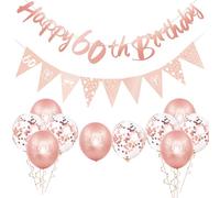 12Pcs Rose Gold Happy 60th Birthday Decorations Set for Her - Women's Balloons, Number 60 Banner, Triangle Flag for Girls Party Supplies