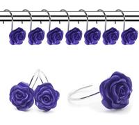 12Pcs Rose Shower Curtain Hooks, Decorative Purple Rose Design Rings with Anti-Rust Finish Elegant Floral Bathroom Decor for Home Fashion Curtain Rings Hooks