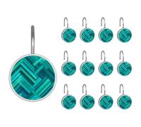 12pcs Round Decorative Shower Curtain Hooks, Aqua Blue Turquoise and Teal Rectangle Pattern Rust Proof Bathroom Curtain Rings for Shower Rods and Liner
