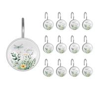 12pcs Round Decorative Shower Curtain Hooks, Green Plants Flowers and Flying Dragonfly Rust Proof Bathroom Curtain Rings for Shower Rods and Liner