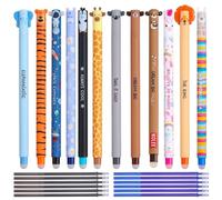 12Pcs Rub Out Pens, Erasable Gel Pens for Office Workers, Animal Pen with 12 Replaceable Refills for Note Taking and Creative Doodling, with Erasers on the End