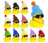 12pcs Rubber Duck In Bulk Car Decorations with Knit Hat, Sunglasses & Gold Chain,Squeaky Rubber Duck Dashboard Accessories for Adults,Christmas Ducks, Office&Home,Assorted Color Mini Hat Rubber Ducks