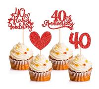 12Pcs Ruby Wedding Anniversary Decorations, 40th Wedding Anniversary Cake Topper, 40th Cupcake Toppers, Red Glitter Heart Cupcake Topper