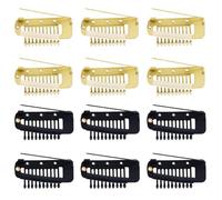 12pcs Safety Pins, 10-Teeth Hair Extension Snap Clips - Secure Wig No Sew Chunni Grip Dupatta for Girls Women Headscarf Hijab & Tikka (Black, Gold)