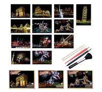 12pcs Scratch Art Paper Rainbow Painting Sketch City Series Night Art Craft Scratch Scratchboard for Adult and Kids with 5 Tools.