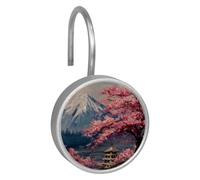 12pcs Shower Curtain Hooks, Decorative Shower Curtain Hanger Rings Roller, Stainless Steel Round Shower Rings Hangers for Bathroom, Japanese Fuji Mount Cherry Blossom Lands (1)