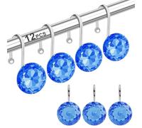 12PCS Shower Curtain Hooks Rings for Bathroom, Round Stainless Steel Rust Proof Crystal Rhinestones Bling Shower Curtain Rings Hangers for Shower Curtains Decorative, Clothing, Towels, etc. (Blue)
