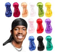 12PCS Silky Durag Cap Long Tail Silky Durag Breathable Pirate Headwraps Cap for 360 Waves Braids & Locs Wide Long Tail Ultra-Soft Wrinkle Free Satin for Men Women Multi Colour