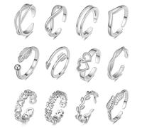 12PCS Silver Adjustable Open Rings Set for Women Girls Small Stackable Toe Ring Sterling 925 Thumb Finger Jewelry Heart Flower Arrow Design Summer Beach Party Foot Birthday Graduation Friendship Gifts