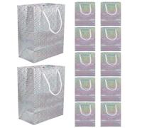 12pcs Silver Glossy Paper Gift Bags with Handles, Foldable Big Bags | Party and Wedding Use, Sturdy Handles, Easy to Carry, Decorative Packaging for Presents and Favours