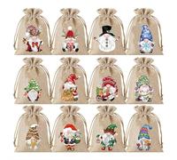12pcs Small Christmas Gifts Bags Imitation Linen With Drawstrings Design, Cute Christmas Dwarf Candy Goodie Bag for Gifts, for Coworkers, Friends, Dad, Mom, Sister (Colorful)