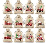 12pcs Small Christmas Gifts Bags Imitation Linen With Drawstrings Design, Cute Christmas Dwarf Candy Goodie Bag for Gifts, for Coworkers, Friends, Dad, Mom, Sister (Red)