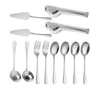 12Pcs Stainless Steel Serving Utensil Set - 2X Serving Spoons, Forks, Tongs, Slotted Spoons & Bread Shovels, 1x Soup Ladle & Slotted Soup Ladle | Buffet Catering Tools, Kitchen Utensils (Silver)